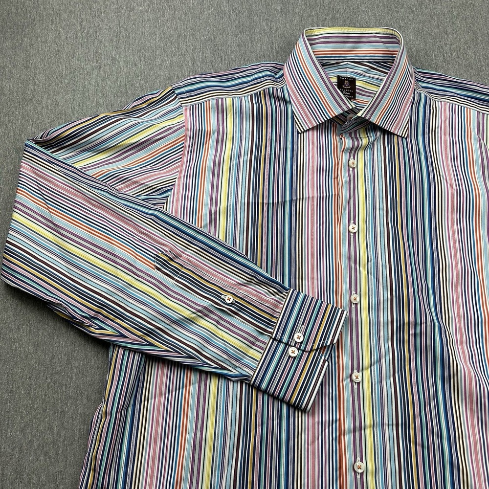 Robert Talbott Dress Shirt Mens Large Colorful Striped‎ Button Up Rainbow Pink